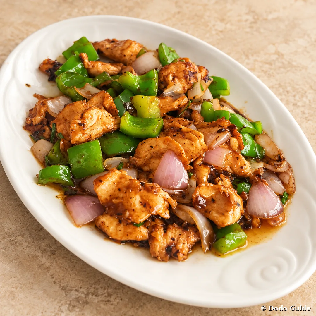 Chicken stir-fried with green peppers and red onion