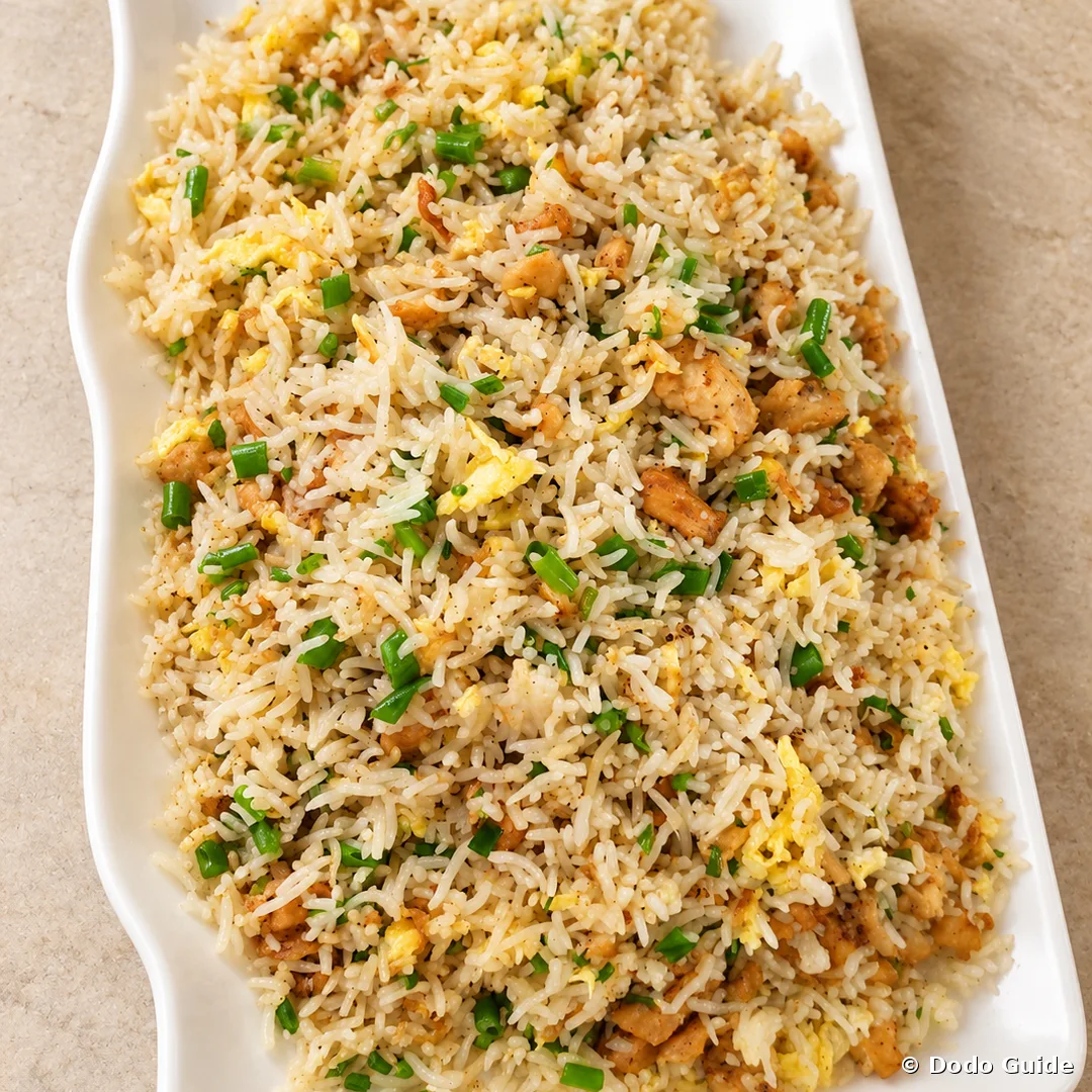 A plate of diri frir, Mauritian fried rice with egg and spring onion