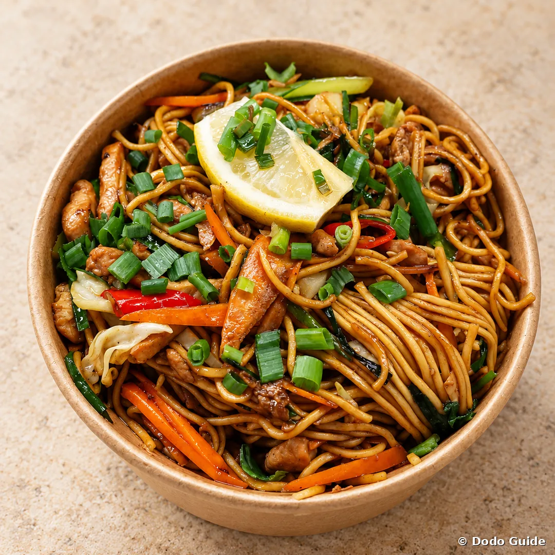 A takeaway bowl of mine frit with vegetables and lemon