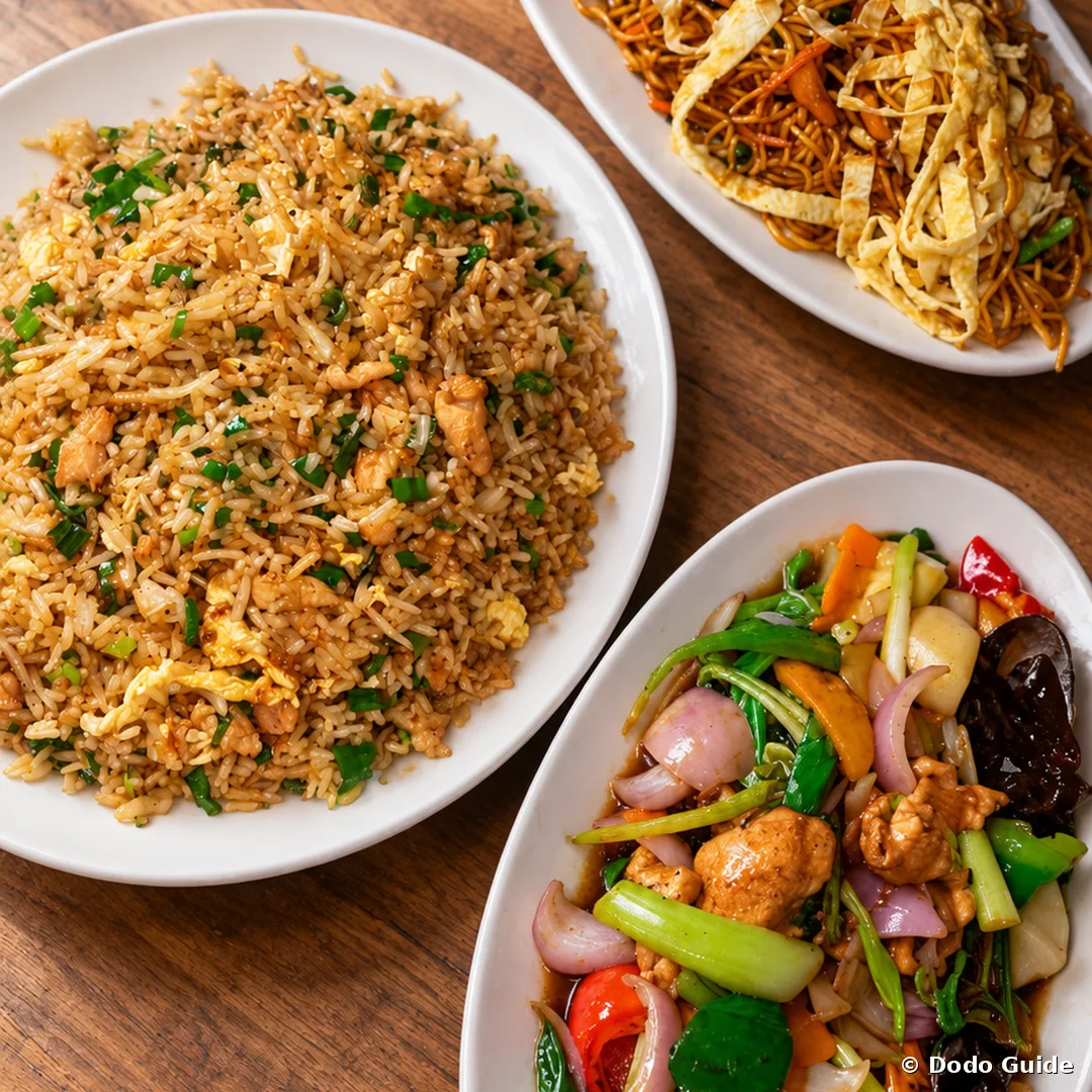 A Sino-Mauritian table: fried rice, chicken with vegetables and noodles to share