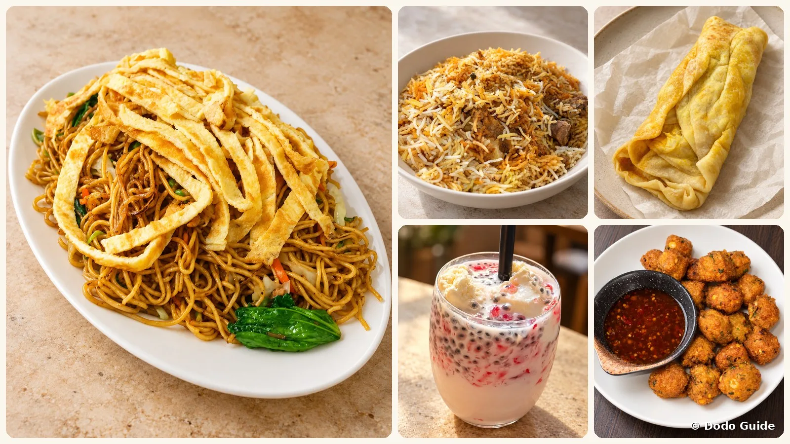Collage of Mauritian dishes: mine frit, briani, farata, alouda and gato piment