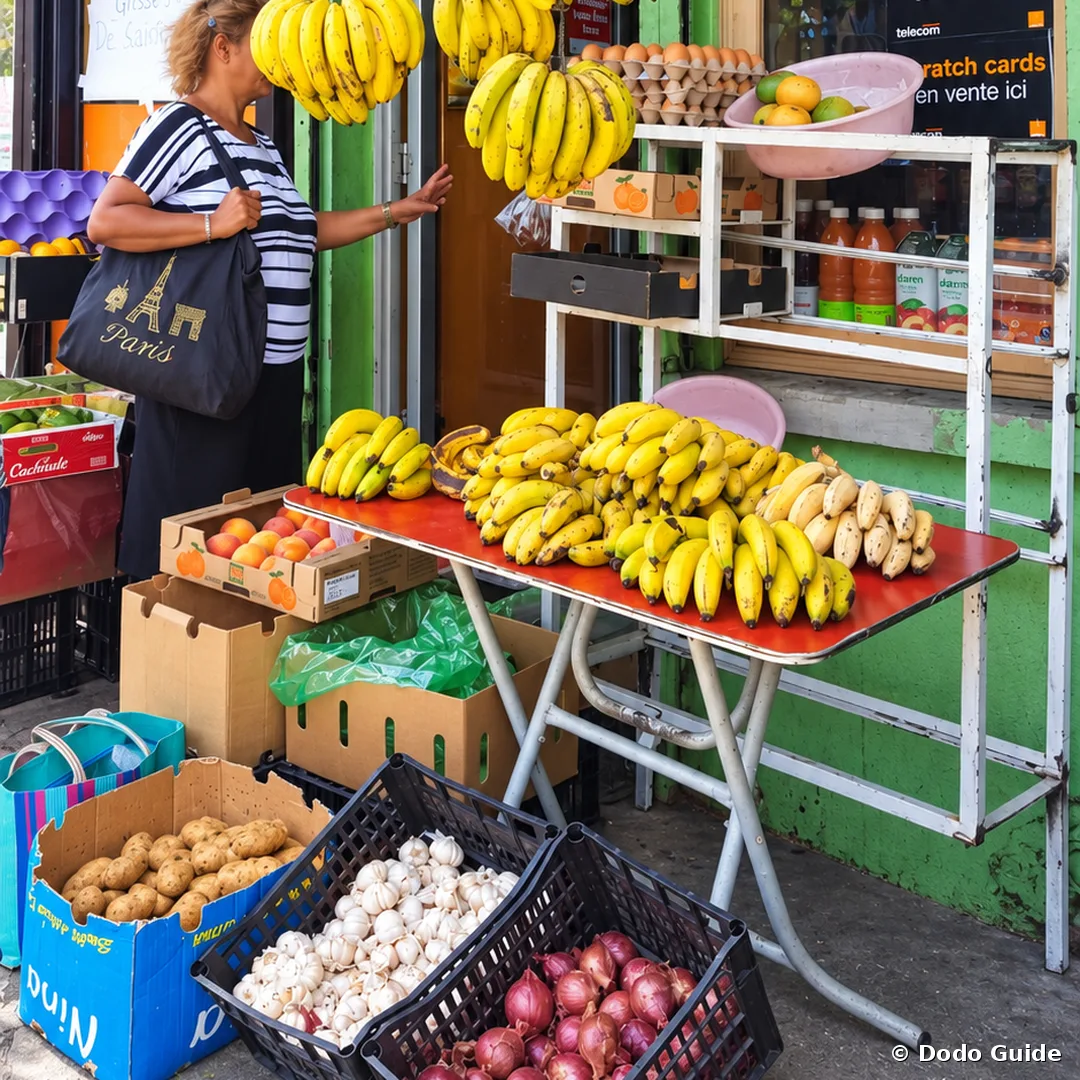 Ein Straßenstand mit Bananen, Kartoffeln und Knoblauch