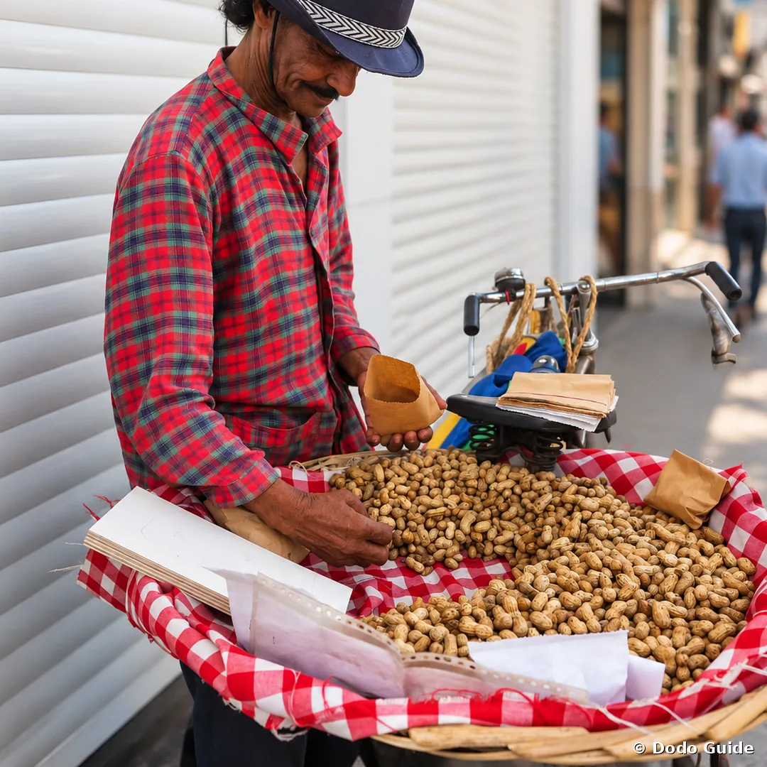 A street seller with a basket of roasted peanuts (pistas) and paper cones